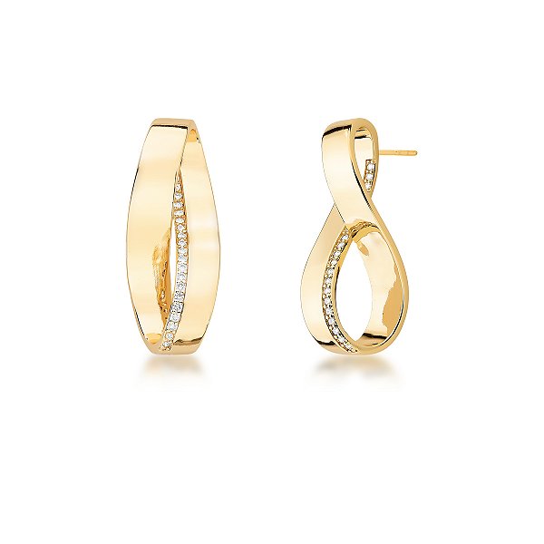 BRINCO CURVO LISO E CRAVEJADO BANHADO A OURO