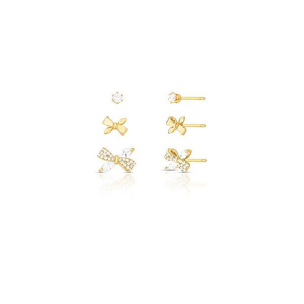 TRIO DE BRINCOS COM LAÇOS CURVOS E CRISTAIS