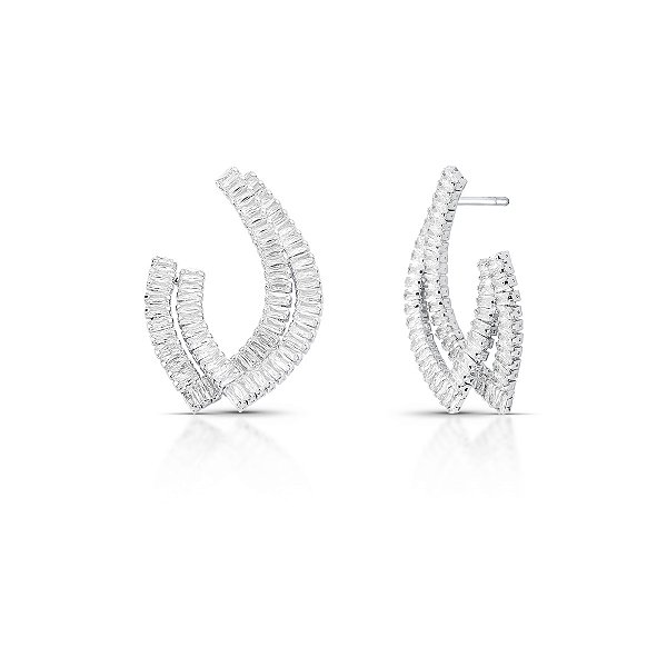 BRINCO MEDIO PEDRA RETANGULAR BAGUETE 2 COLUNA BANHADO A RODIO