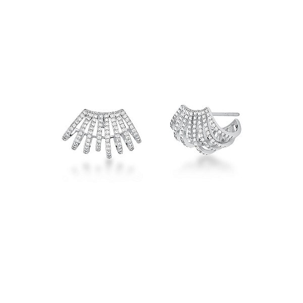 BRINCO MEIA ARGOLA ZIRCONIA 8 COLUNA CURVO VAZADO BANHADO A RODIO