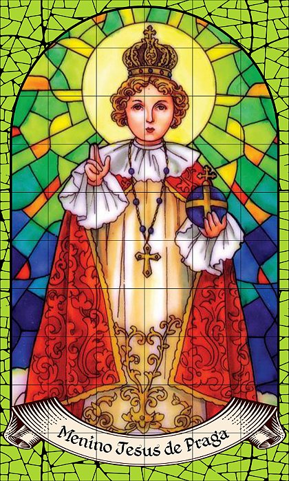 Painel Mosaico Católico Menino Jesus de Praga 120x200cm arte Sacra - 100% Azulejo Personalizado para Casas Capelas Igrejas Templos