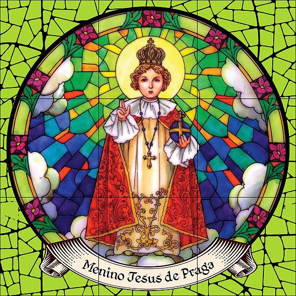 Painel Mosaico Católico Menino Jesus de Praga 60x60cm com frase arte Sacra - 100% Azulejo Personalizado para Casas Capelas Igrejas Templos