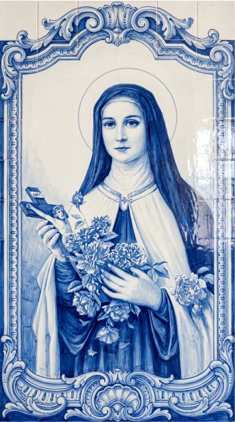Painel Mosaico Santa Teresinha estilo Português Arte Sacra 60x100cm - 100% Azulejo Personalizado Para Casas Capelas Igrejas Templos