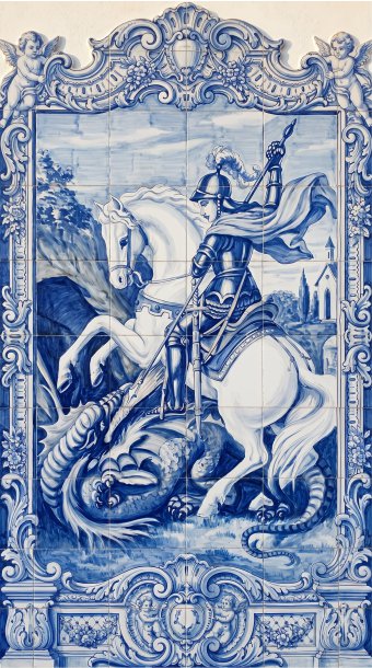Painel Mosaico São Jorge Guerreiro estilo Português Arte Sacra 120x200cm - 100% Azulejo Personalizado Para Casas Capelas Igrejas Templos