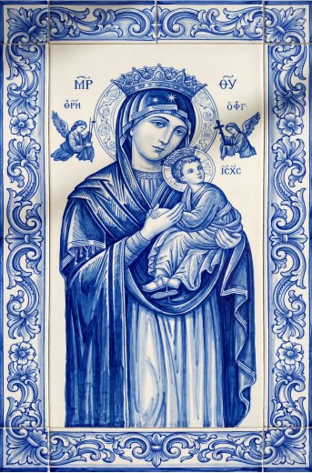 Painel Mosaico Nossa Senhora do Perpétuo Socorro estilo Português Arte Sacra 80x120cm - 100% Azulejo Personalizado Para Casas Capelas Igrejas Templos