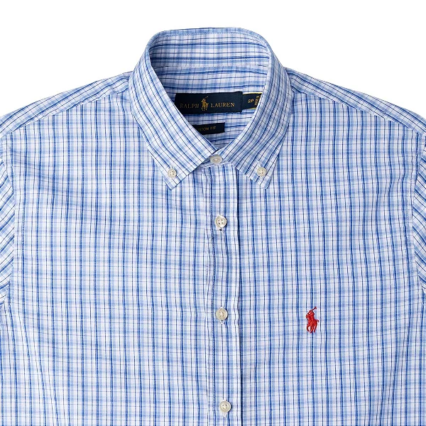 Camisa Ralph Lauren Masculina Custom Fit Xadrez Azul claro