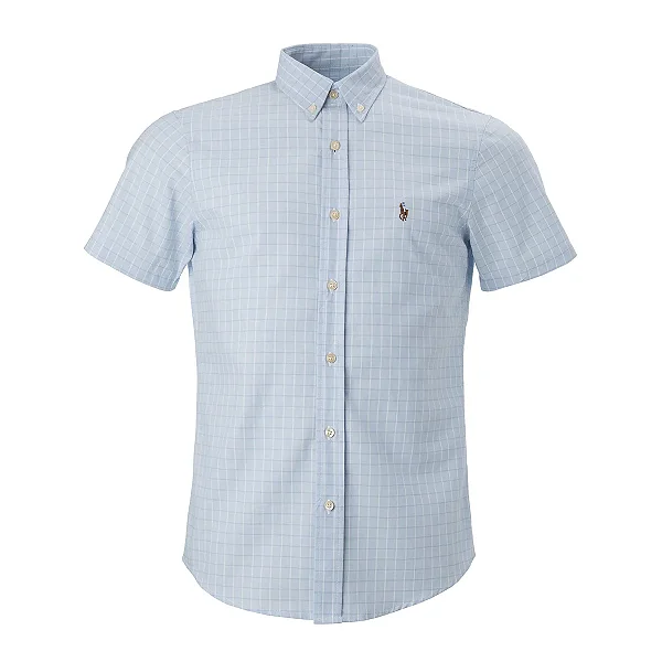Camisa Ralph Lauren Masculina Manga Curta Fine Stripe Oxford Xadrez Cor Azul Claro