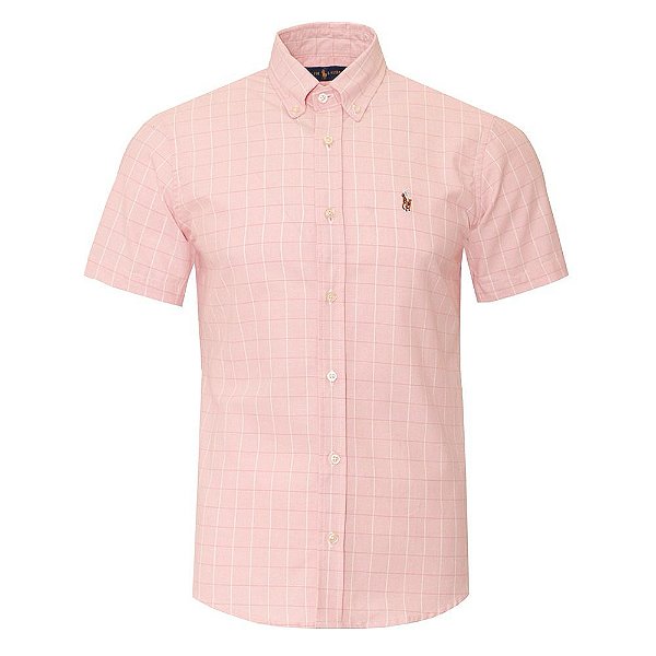 Camisa Ralph Lauren Manga Curta Fine Stripe Oxford Manga Curta Cor Rosa Claro