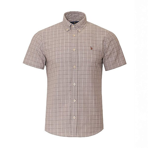 Camisa Ralph Lauren Masculina Manga Curta Fine Stripe Oxford Xadrez Cor CINZA