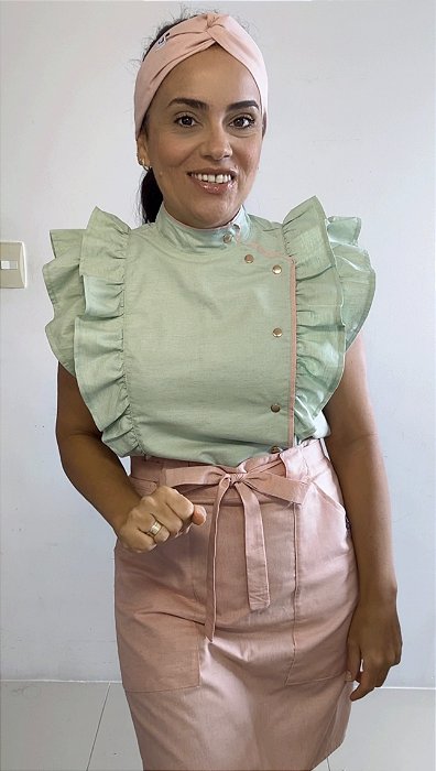 Conj Linho Babado Menta e Rose