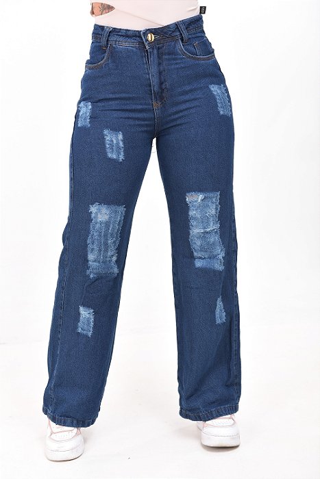 Calça Jeans Escuro Wide Leg Versão Destroyed Pantalona Plus Size