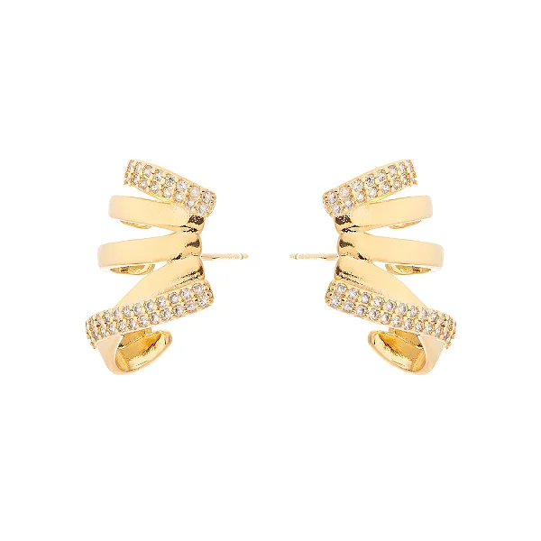 Brinco Linhas Lisas e Cravejadas Envolvente Dourado