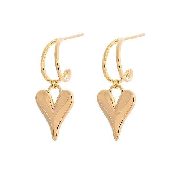 Brinco Argola Dupla Fina com Pingente de Coração Liso Dourado