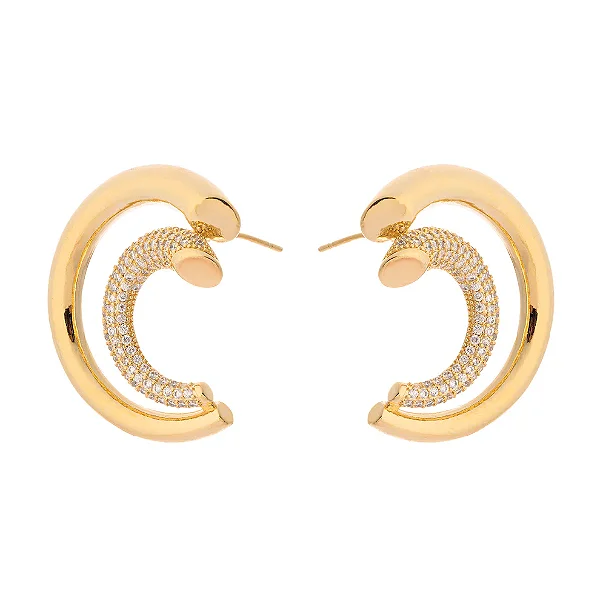 Brinco Frontal Meia Argola Lisa e Cravejada Dourado