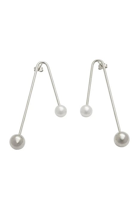 Brinco Fio Bola e Pérola com Banho em Ródio Branco