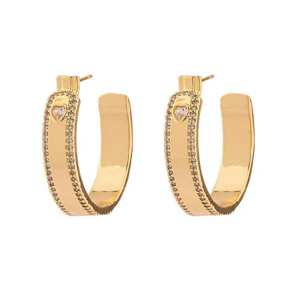 Brinco Argola Entorno Cravejado com Coração Cristal Dourado