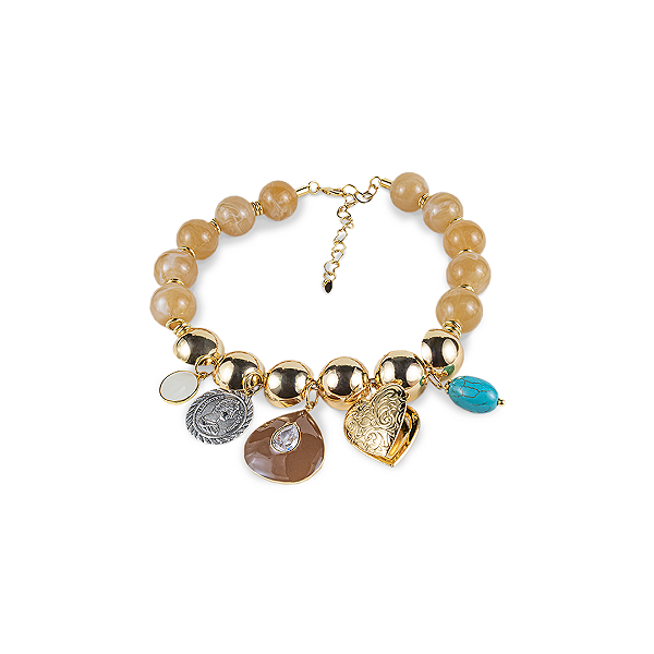 Colar de Esferas Cremes e Lisas com Pingentes em Dourado e Prateado