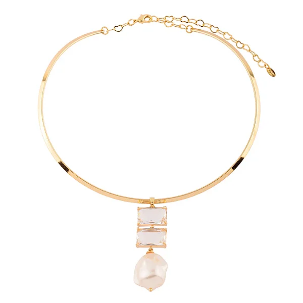 Colar Aro Liso com Retângulos Cristais e Pérolas Dourado
