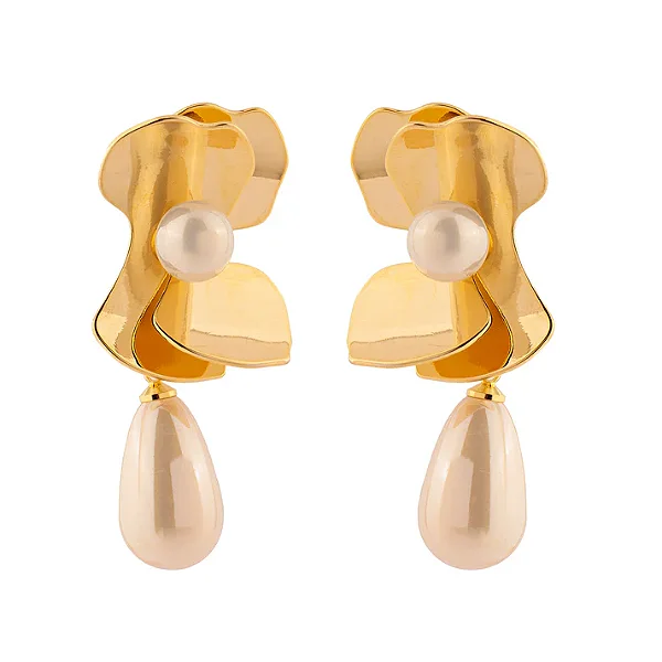 Brinco Flor Pétala Lisa com Pérola Gota Dourado