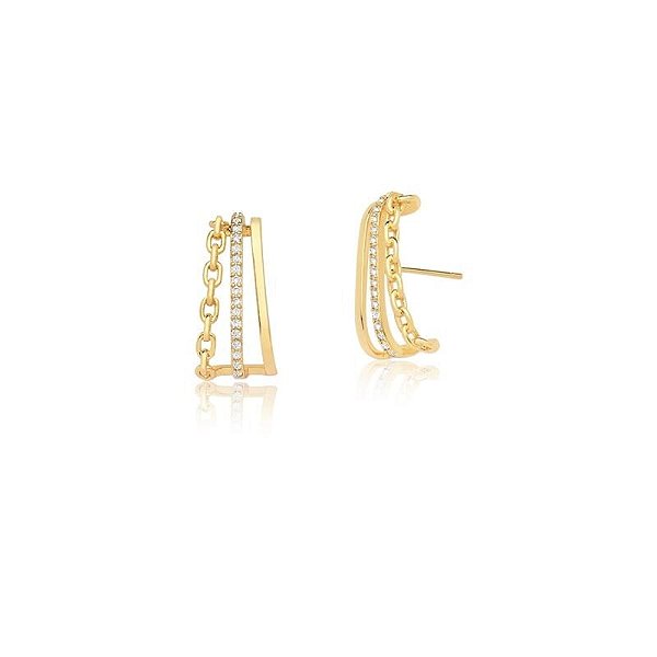 BRINCO EAR HOOK COM ELOS E ZIRCÔNIAS BRANCAS BANHADO A OURO