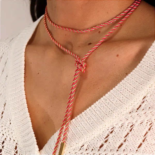 Colar Cordão Fio Marroquino rosa Dourado