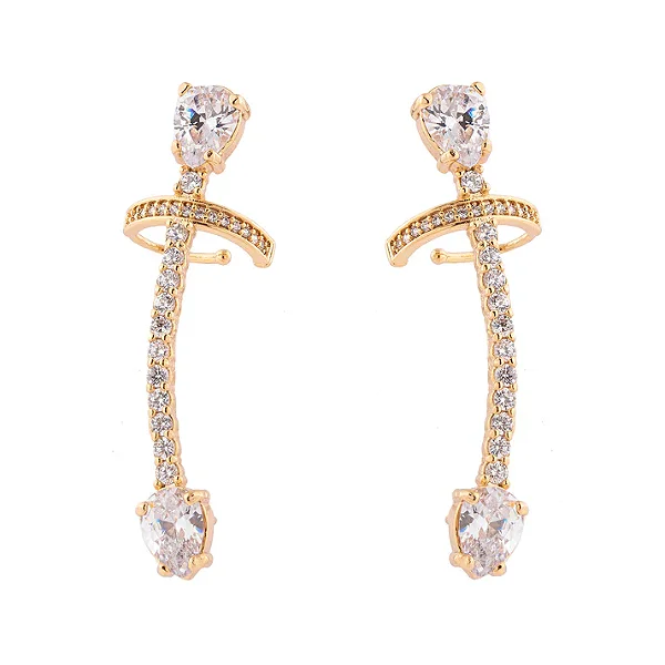 Brinco Ear Cuff Linha Cravejada e Gota Cristal Dourado
