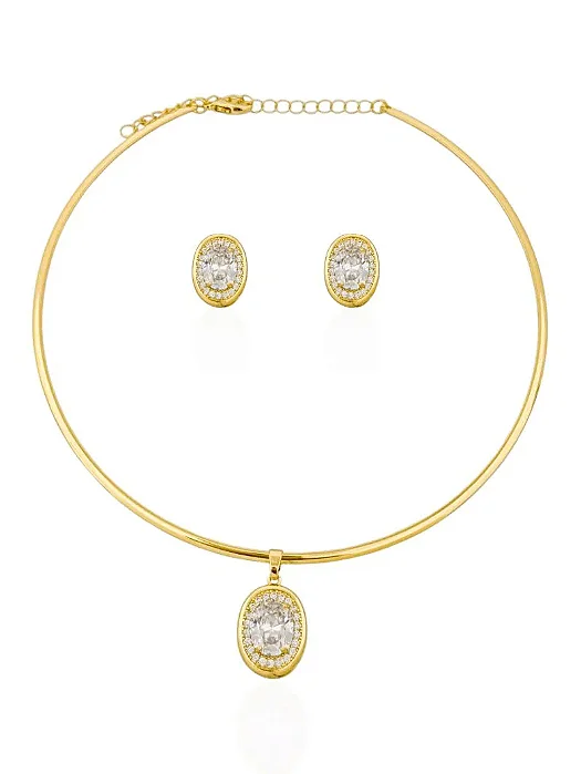 Conjunto Choker Aro e Brinco Oval de Zircônia Cravejado