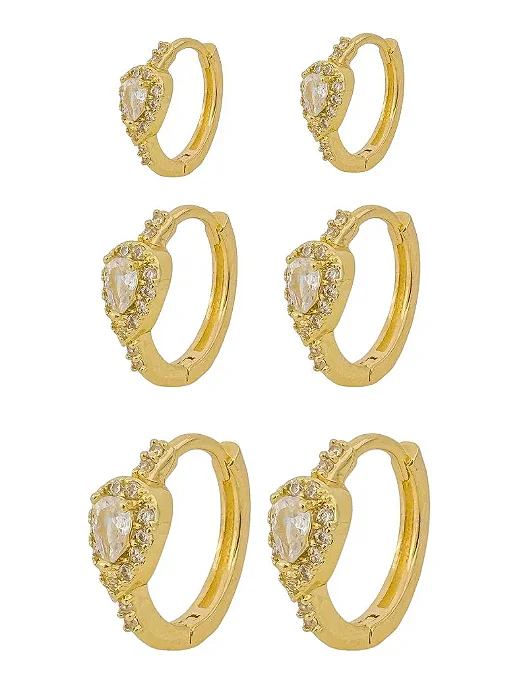 Trio de Brinco Argola Com Gota Cristal Cravejada