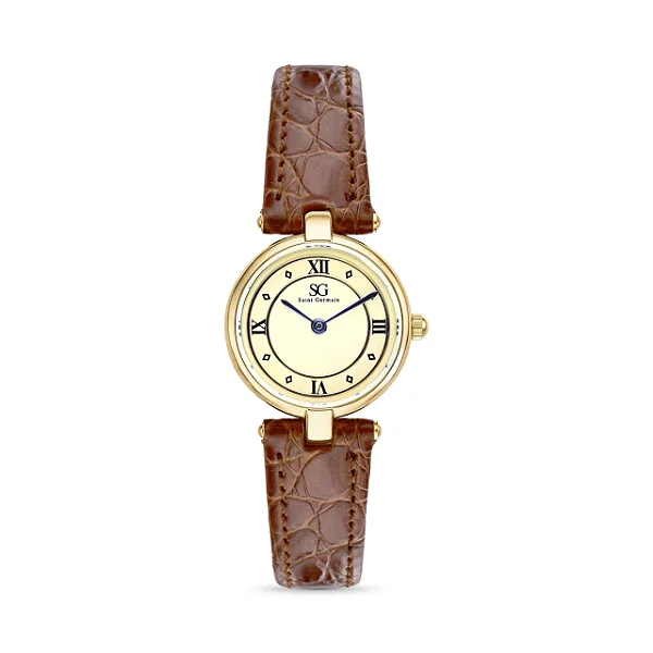Relógio Feminino Redondo Vintage Amber Pulseira Croco Marrom e Caixa Dourada com Números Romanos na internet Relógio Feminino Redondo Vintage Amber Pulseira Croco Marrom e Caixa Dourada com Números Romanos