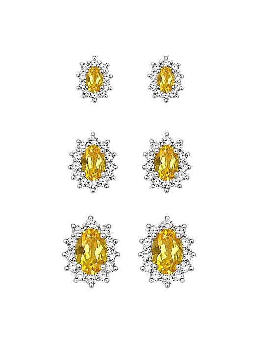TRIO DE BRINCO OVAL CRAVEJADO AMARELO