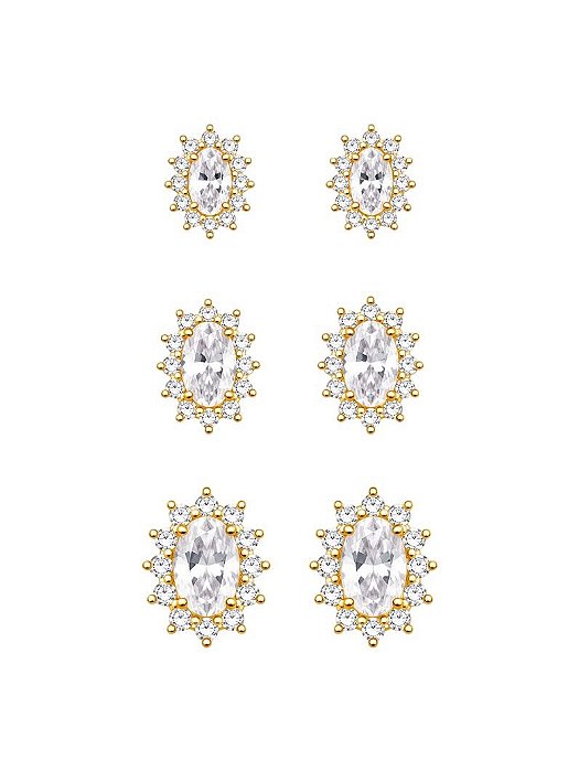 TRIO DE BRINCO OVAL CRAVEJADO CRISTAL GOLD