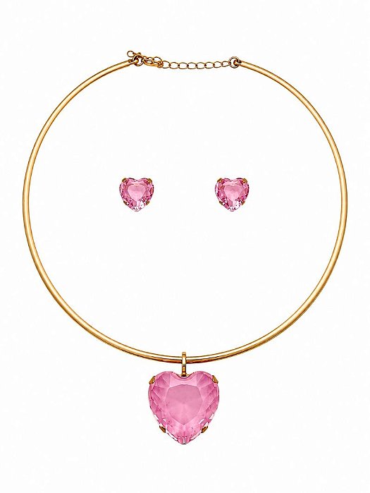 CONJUNTO ARO E BRINCO CORAÇÃO ROSA
