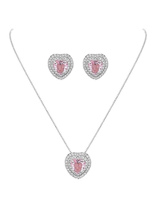 CONJUNTO COLAR E BRINCO CORAÇÃO CRAVEJADO- ROSA