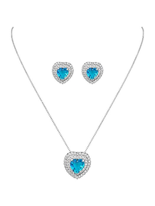 CONJUNTO COLAR E BRINCO CORAÇÃO CRAVEJADO AZUL