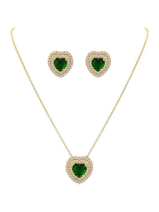 CONJUNTO COLAR E BRINCO CORAÇÃO CRAVEJADO- ESMERALDA