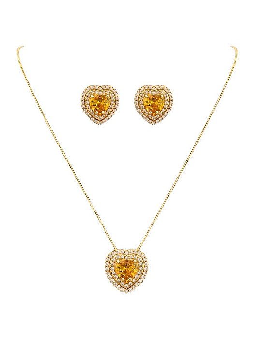 CONJUNTO COLAR E BRINCO CORAÇÃO CRAVEJADO AMARELO