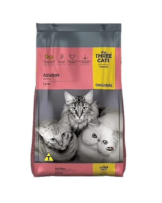 Ração Three Cats Original para Gatos Adultos Sabor Carne