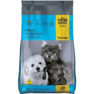 Three Dogs Original Frango, Carne e Arroz para Cães Filhotes Raças Pequenas e Mini