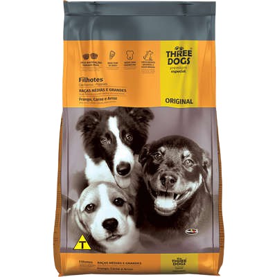 Ração Three Dogs Original para Cães Filhotes Raças Médias e Grandes Sabor Frango, Carne e Arroz