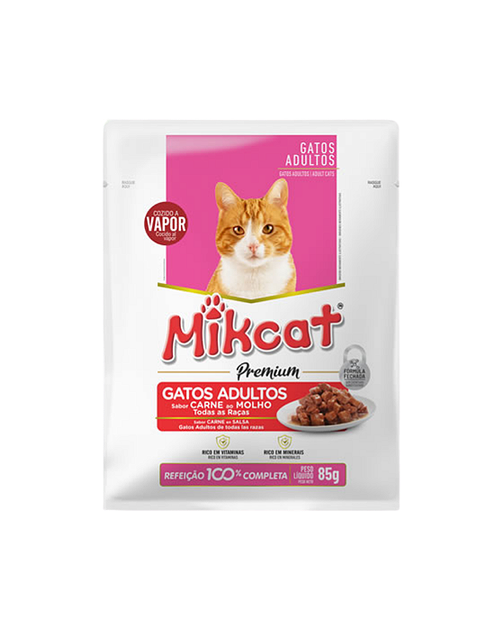 Ração Úmida Sachê Mikcat Carne ao Molho para Gatos Adultos 85g