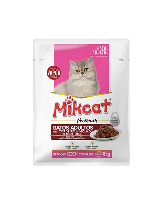 Ração Úmida Sachê Mikcat Cordeiro ao Molho para Gatos Adultos 85g