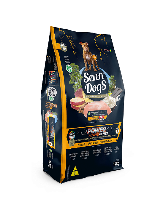 Seven Dogs Power Active cães Filhotes Sabor Frango, Batata Doce e Whey Protein