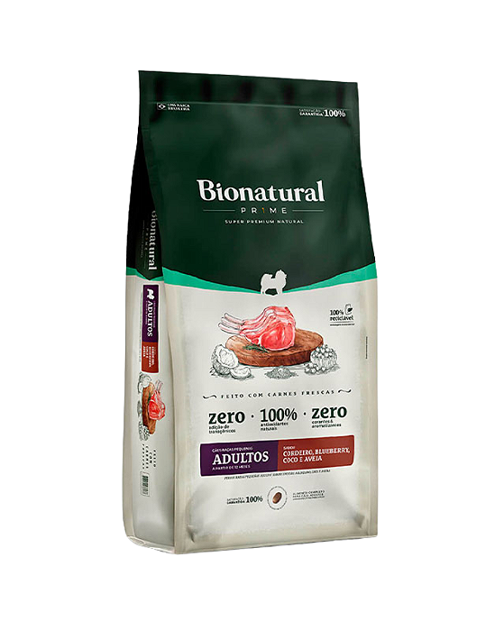 Ração Bionatural Prime para Cães Adultos de Raças Pequenas Sabor Cordeiro, Blueberry, Coco e Aveia 10,1kg