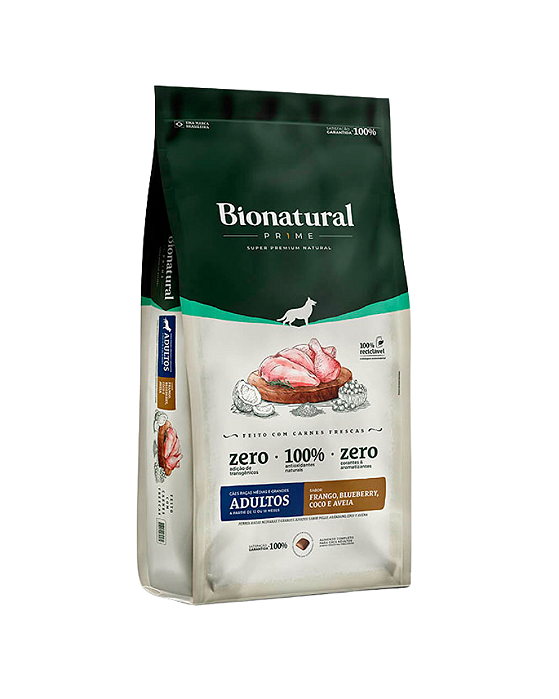 Ração Bionatural Prime para Cães Adultos de Raças Médias e Grandes Sabor Frango, Blueberry, Coco e Aveia 15kg