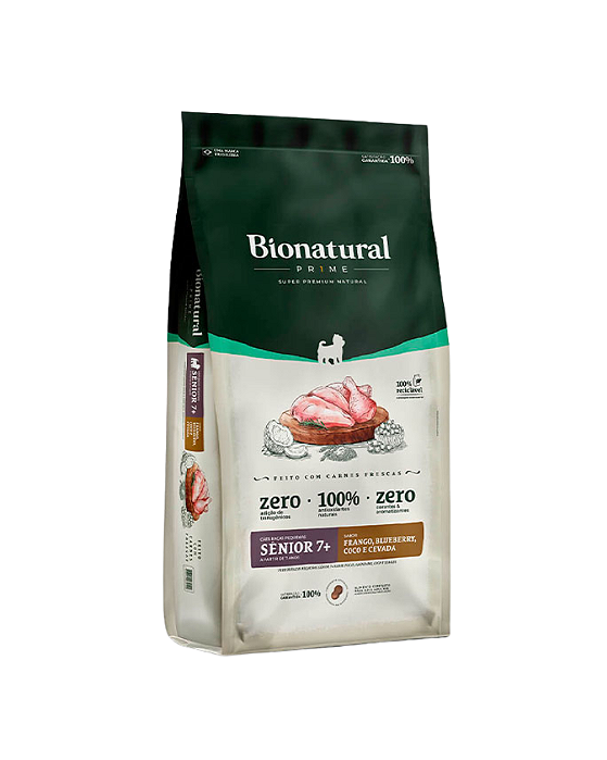 Ração Bionatural Prime para Cães Sênior 7+ de Raças Pequenas Sabor Frango, Blueberry, Coco e Cevada 10,1kg