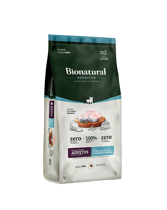 Ração Bionatural Sensitive para Cães Adultos de Raças Pequenas Sabor Peixe Branco, Coco, Blueberry e Ervilha