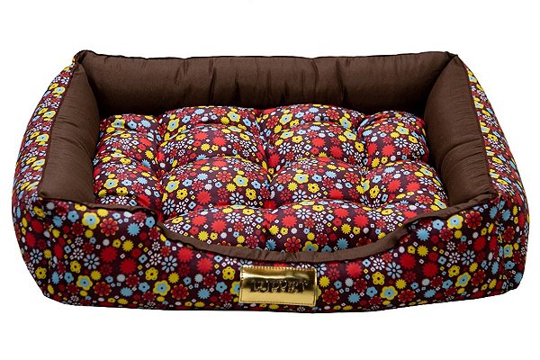 Cama Retangular Luxo Marrom Floral para Cachorro ou Gato