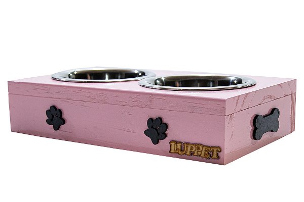 Comedouro Com Patinhas De Madeira E Potes Inox Para Cachorro Rosa