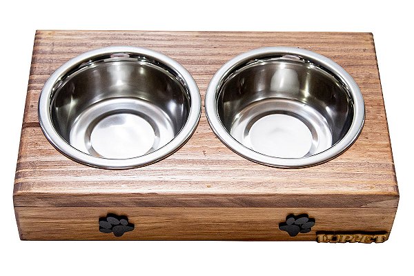 Comedouro Com Patinhas De Madeira E Potes Inox Para Cachorro Marrom
