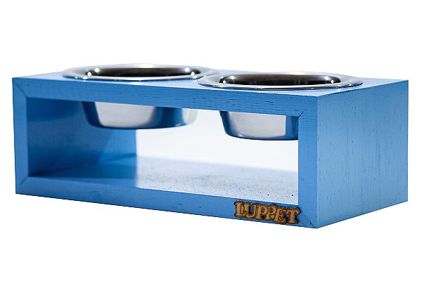 Comedouro Duplo De Madeira Com Potes Inox Para Gatos E Cachorros Azul